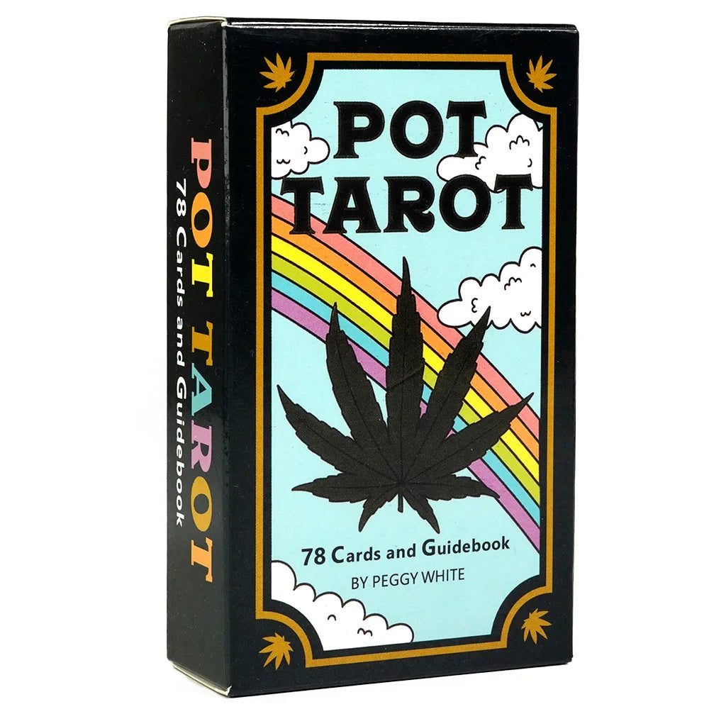 A black box for the Pot Tarot deck featuring a rainbow design and clouds.