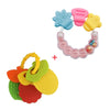 A set of silicone baby teethers featuring various shapes and colors including pink, blue, yellow, and green.
