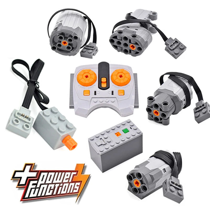 A set of Power Functions motors and servos used for building blocks, including various components and a controller.