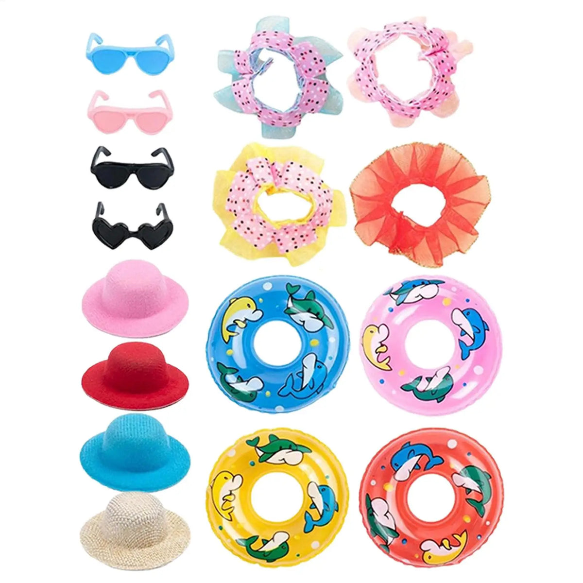 A set of summer desk goose outfit featuring a necklace, sunglasses, and various colored hats and rings.