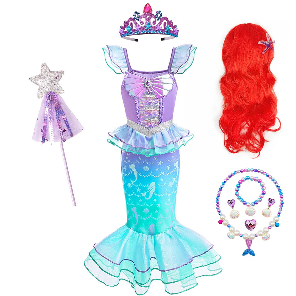 A purple and teal mermaid fantasy dress with a ruffled fishtail skirt, crown, and starfish accessory.