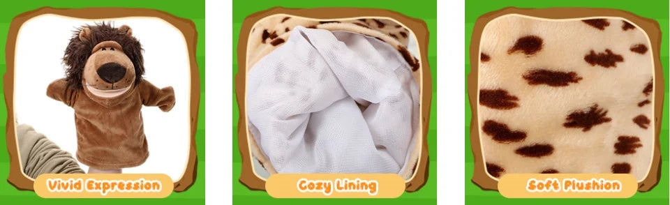 A set of soft plush animal hand puppets featuring a movable mouth for expression.