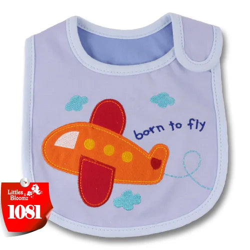A purple baby feeding bib with a yellow airplane design on the front.