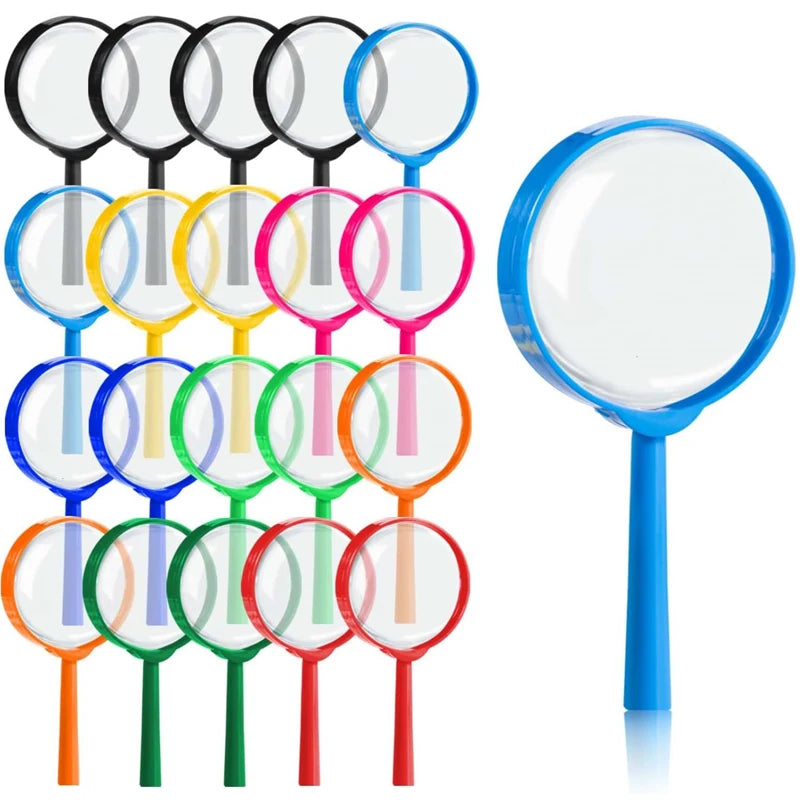 A set of twelve children's magnifying glasses with various colored handles and lenses for nature exploration.