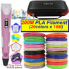 A pink 3D printing pen with an LCD display and a black carrying case, alongside various colored PLA filaments.