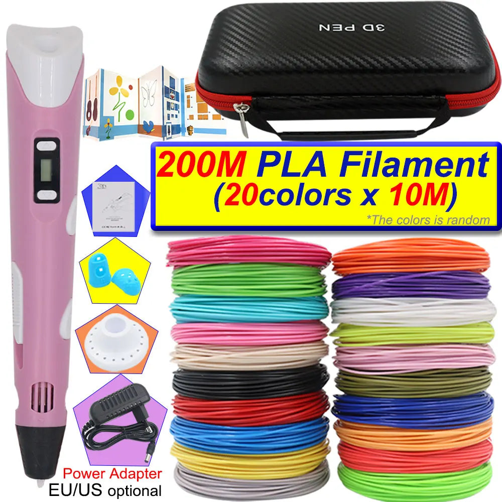 A pink 3D printing pen with an LCD display and a black carrying case, alongside various colored PLA filaments.