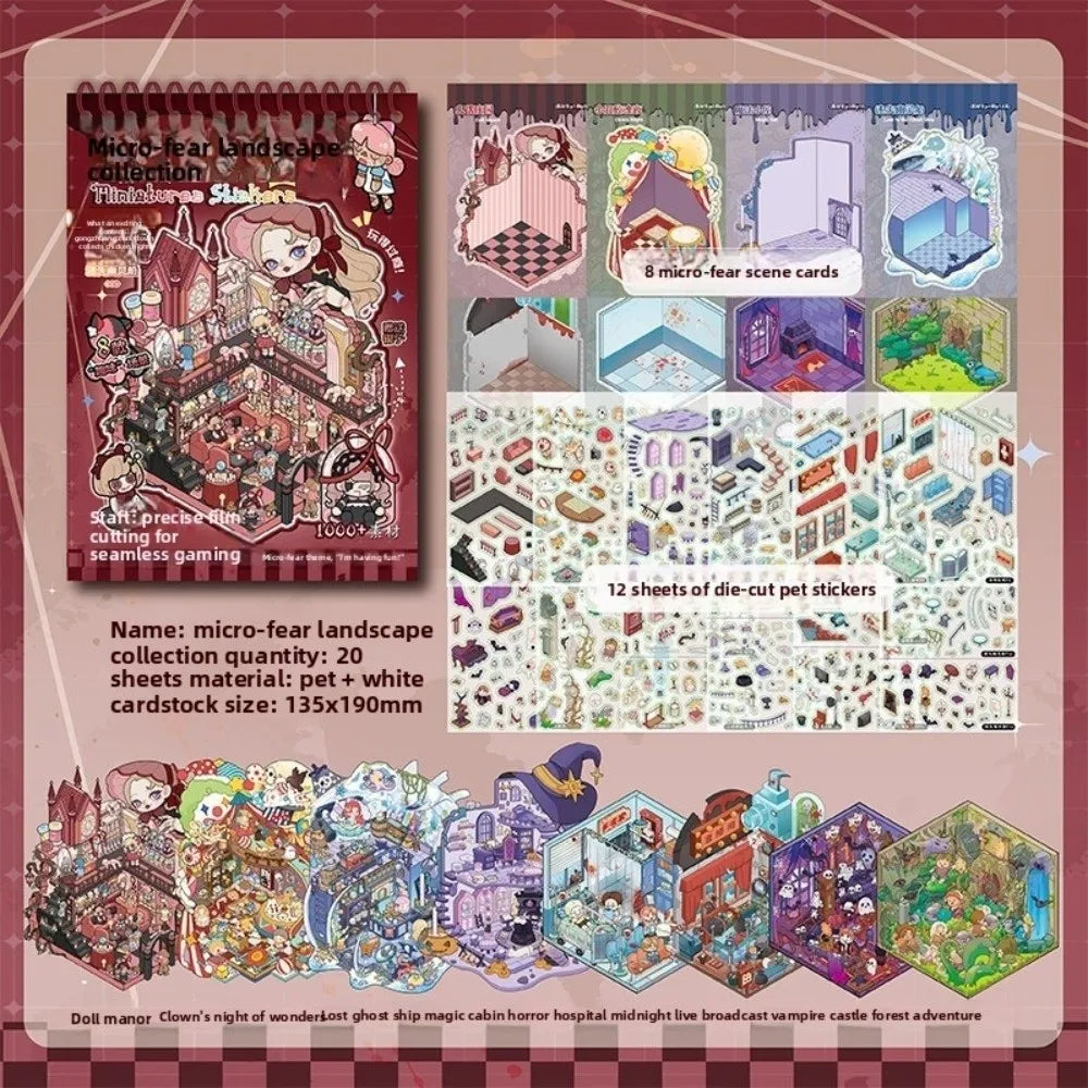 A collection of 20 sheets of pet cardboard stickers featuring various spooky and fantasy scenes for creative kids.