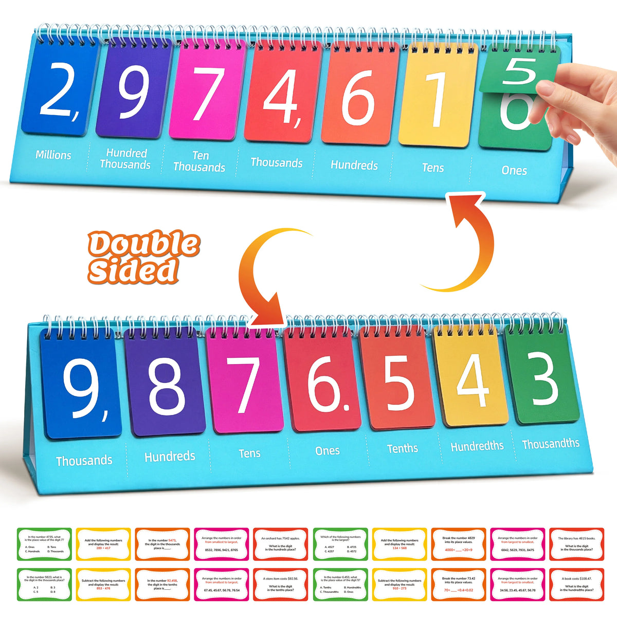 Double-sided flash cards showing 7-digit place value numbers from millions to ones.