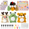 A beginner crochet kit featuring soft wool yarn and tools to create adorable animals like a tiger, deer, or frog.