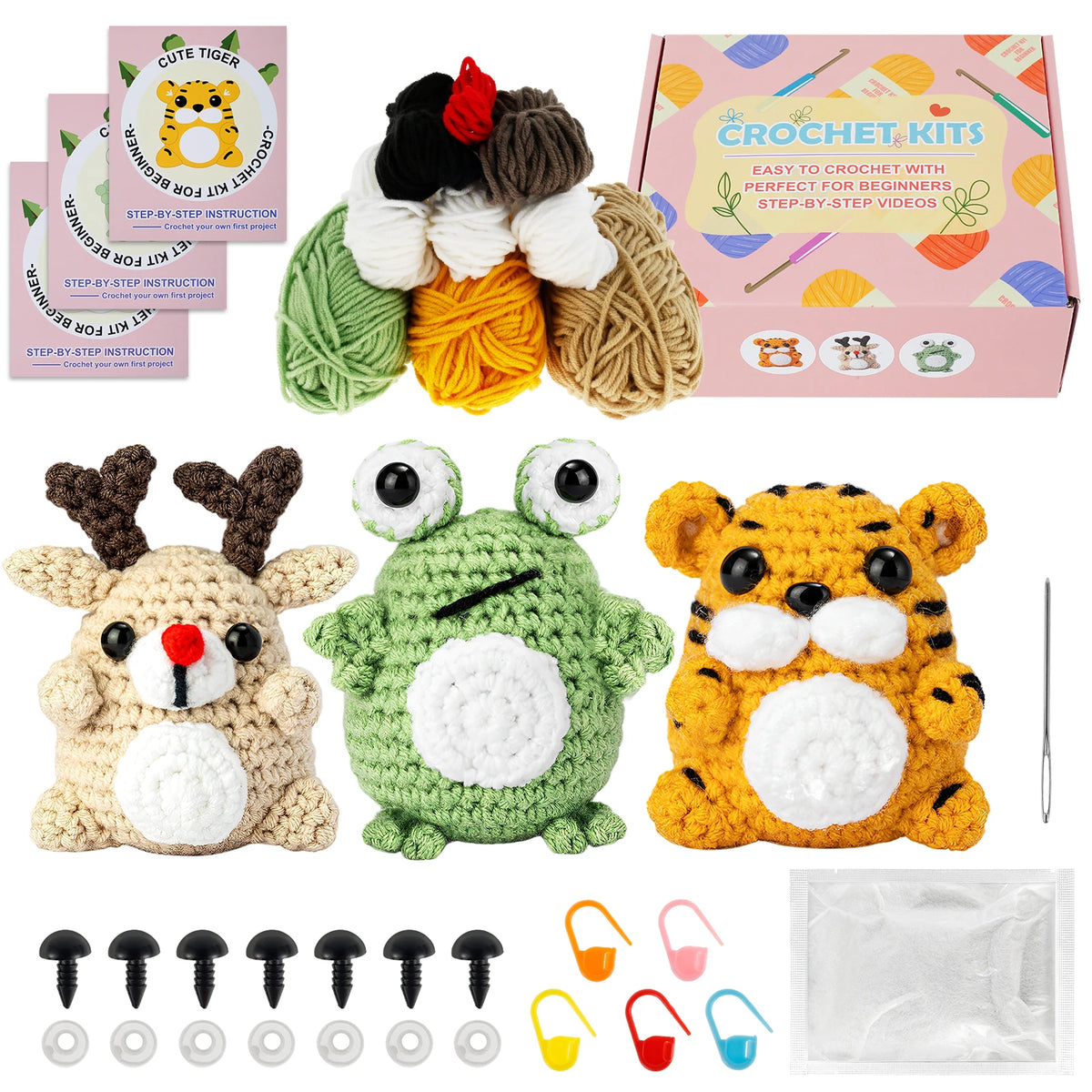 A beginner crochet kit featuring soft wool yarn and tools to create adorable animals like a tiger, deer, or frog.