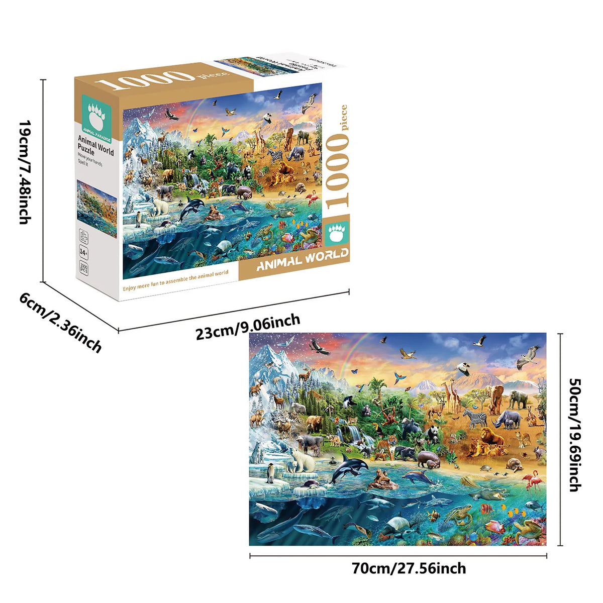 A box of a 1000-piece Animal World jigsaw puzzle featuring diverse wildlife and landscapes.