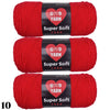 Three skeins of red Super Soft yarn labeled GVD YARN for crochet and knitting