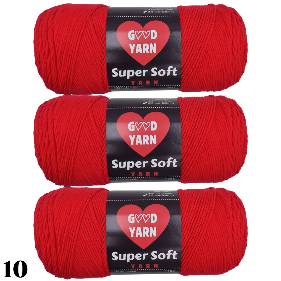 Three skeins of red Super Soft yarn labeled GVD YARN for crochet and knitting