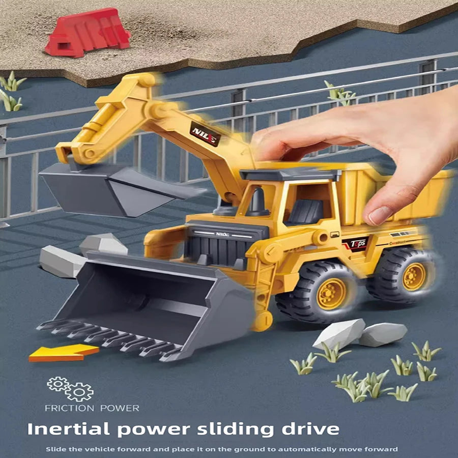 A yellow excavator toy truck with a hydraulic arm is shown driving forward on a gray surface.