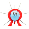 A red game featuring a blue balloon with eyes and a burst effect, designed for family and kids.