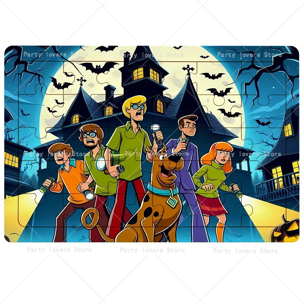 A group of characters from Scooby-Doo are featured in a puzzle theme with bats and spooky elements.