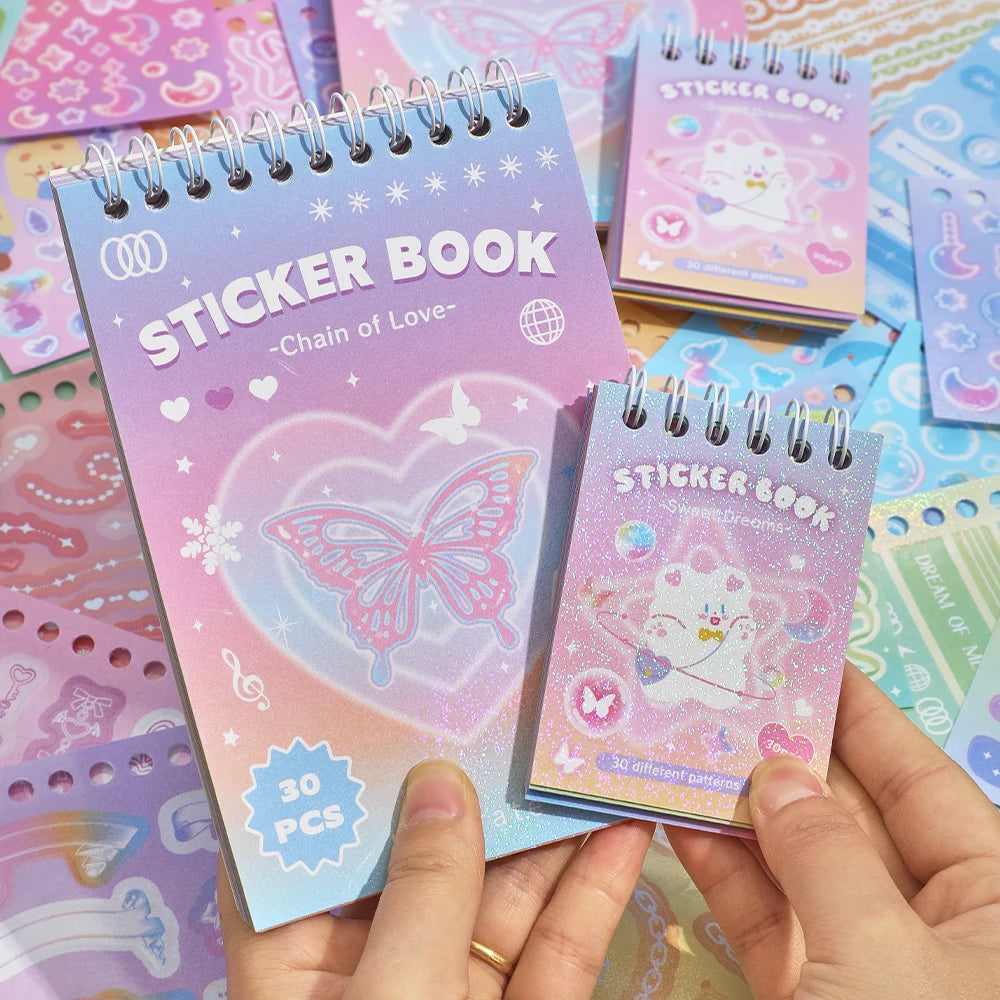 A hand holds a purple sticker book titled Chain of Love featuring a butterfly design and 30 pieces of stickers.