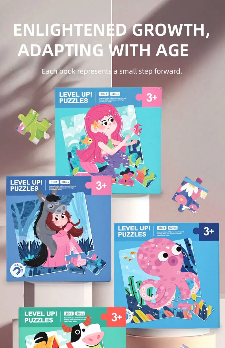 A stack of magnetic jigsaw puzzles featuring animals, fruit, and traffic, designed for early learning.