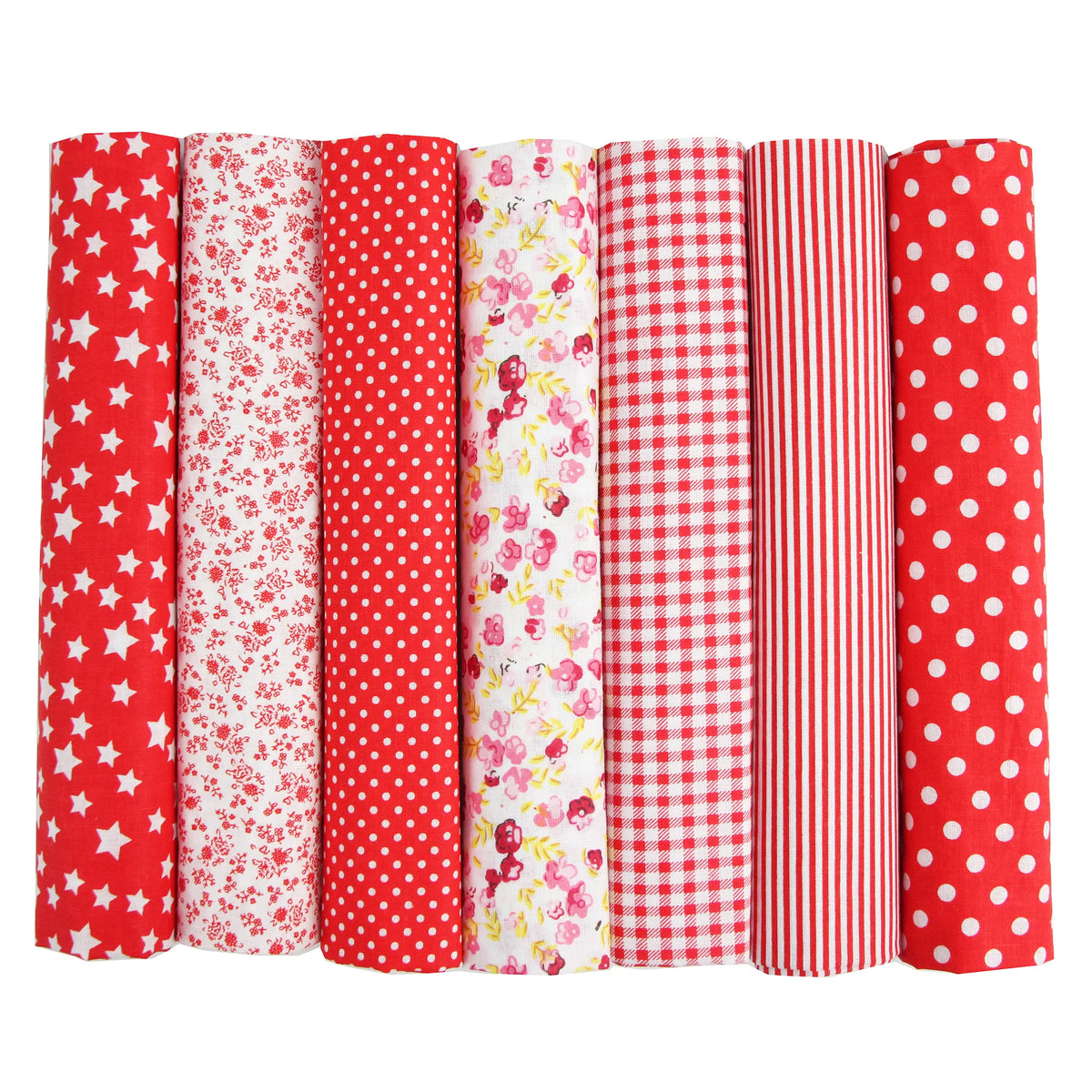 A pack of seven red fabric squares with various patterns including polka dots, stripes, and floral prints for quilting