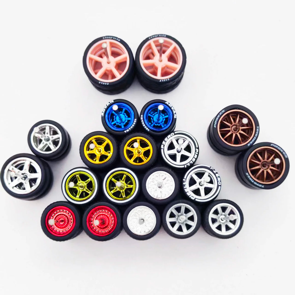 1/64 Scale Alloy Car Wheels with Rubber Tires - 10 Sets
