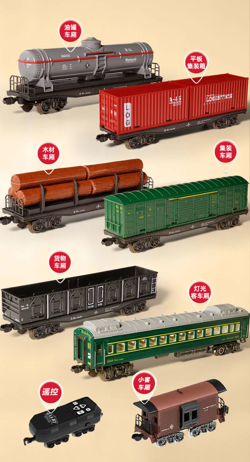 A collection of vintage steam train models including freight cars, passenger carriages, and a remote control locomotive.
