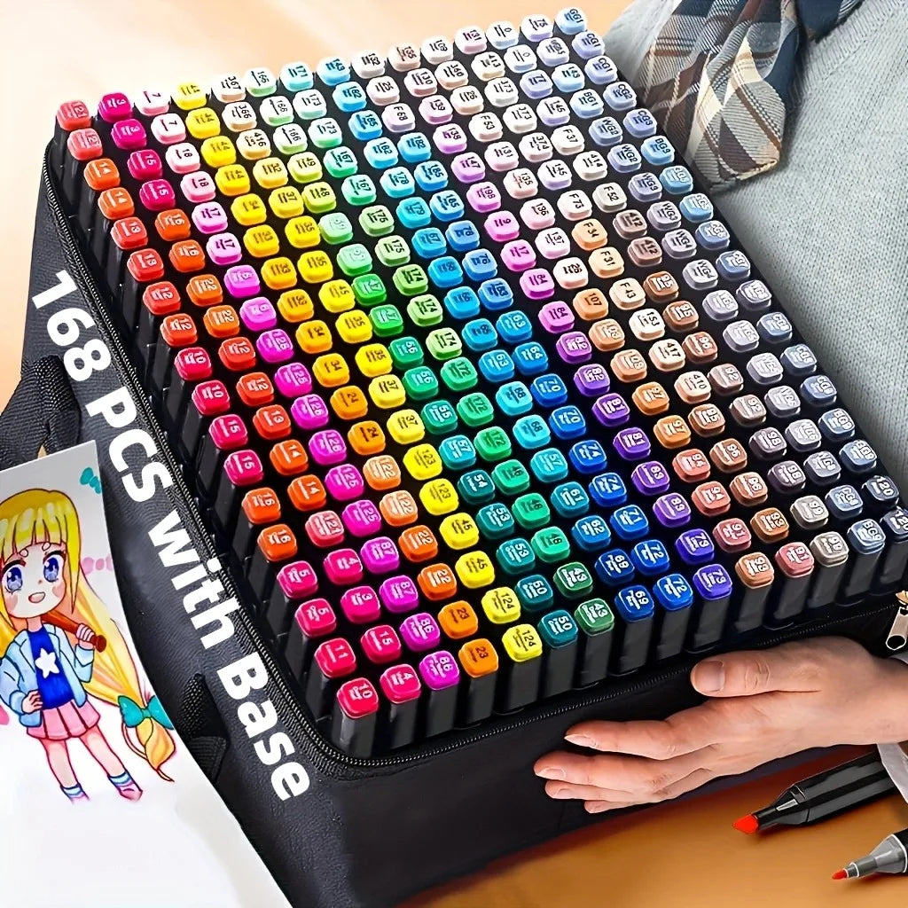 A black case holding a 168-piece dual-tip alcohol marker set with vibrant colors for art and illustration.