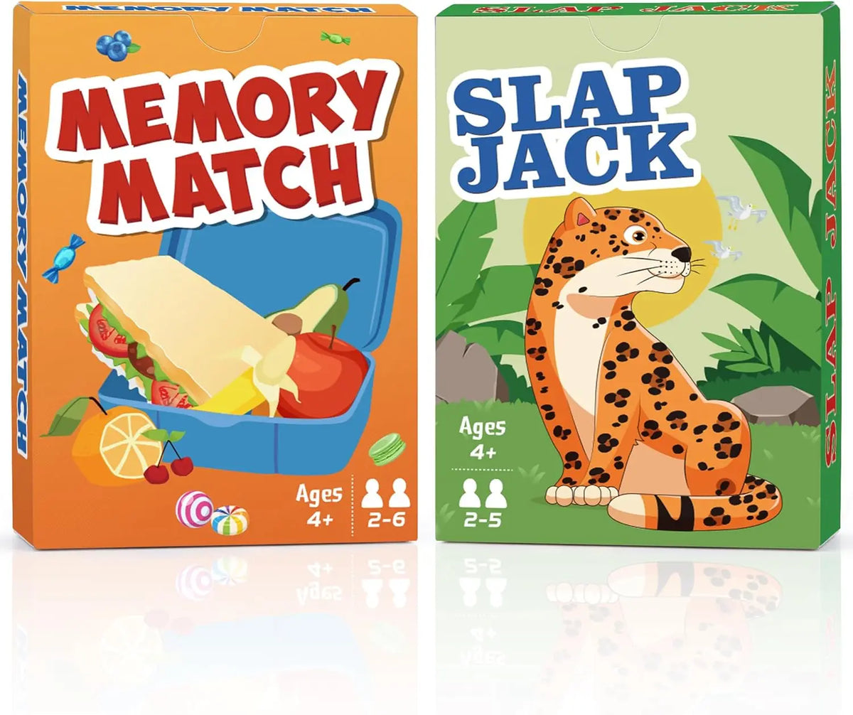 A box of Memory Match and Slapjack card games featuring animals and nature themes for kids.
