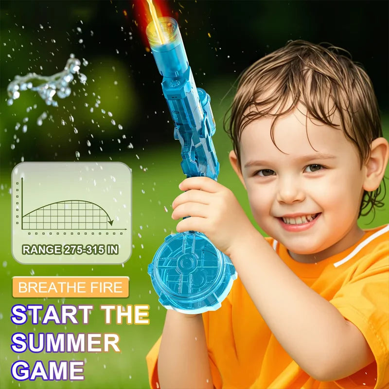A smiling child holds and aims a blue electric water gun with light-up effects outdoors.