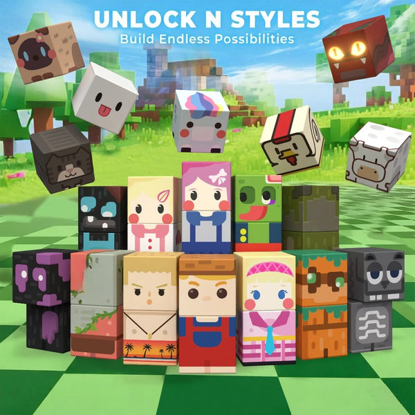 A collection of colorful magnetic building blocks shaped like characters and animals arranged on a green surface.