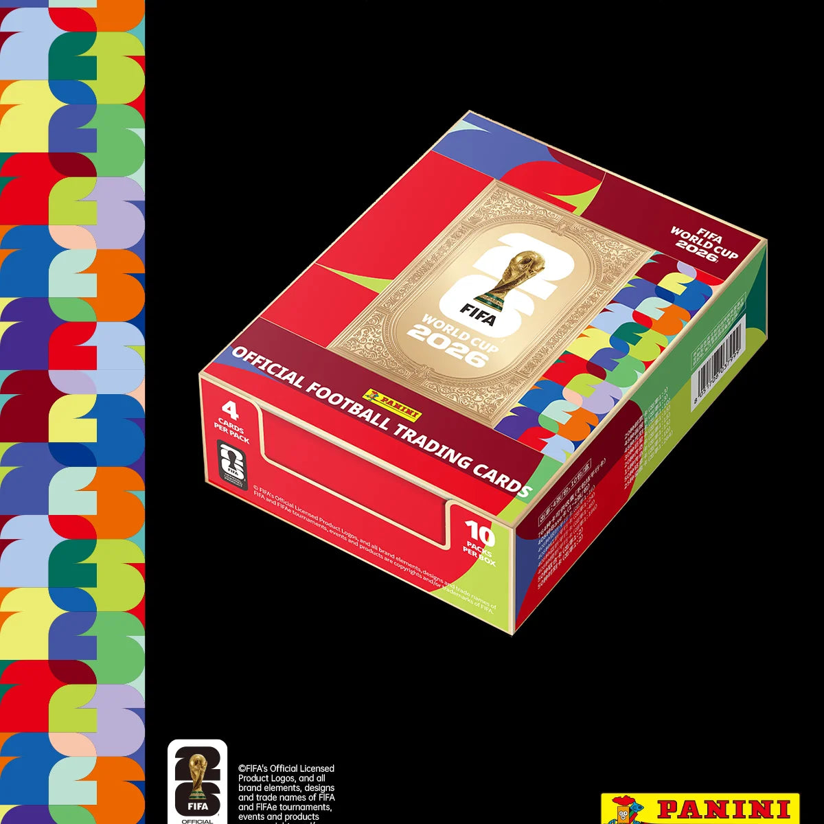 A box of FIFA World Cup 2026 official football trading cards featuring colorful designs and gold accents.