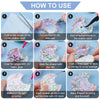 Instructions showing how to use silicone shaker resin molds with protective sealing sheets for DIY jewelry