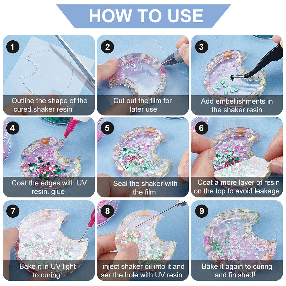 Instructions showing how to use silicone shaker resin molds with protective sealing sheets for DIY jewelry