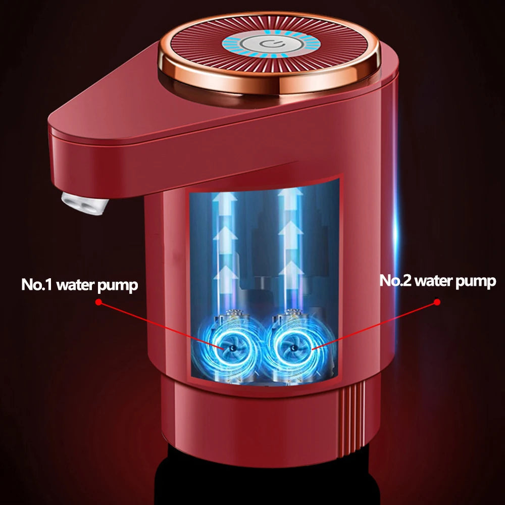 A red electric water dispenser featuring two visible water pumps and a top dispensing mechanism.