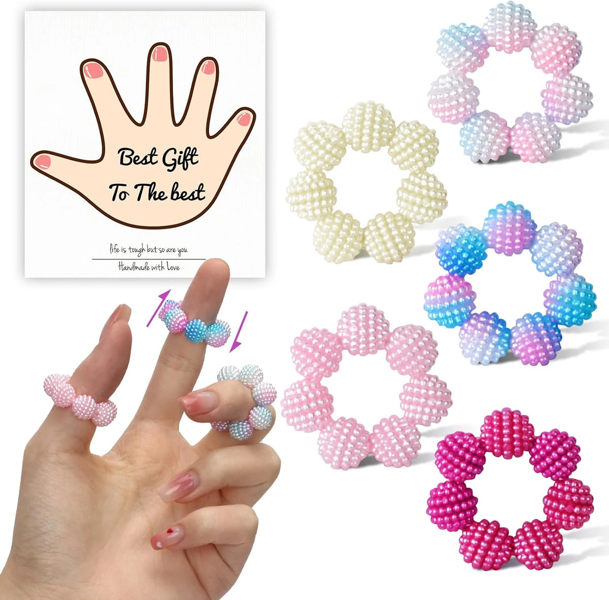 A hand displays various colorful beaded fidget rings for stress relief, including a guide to the best gift.
