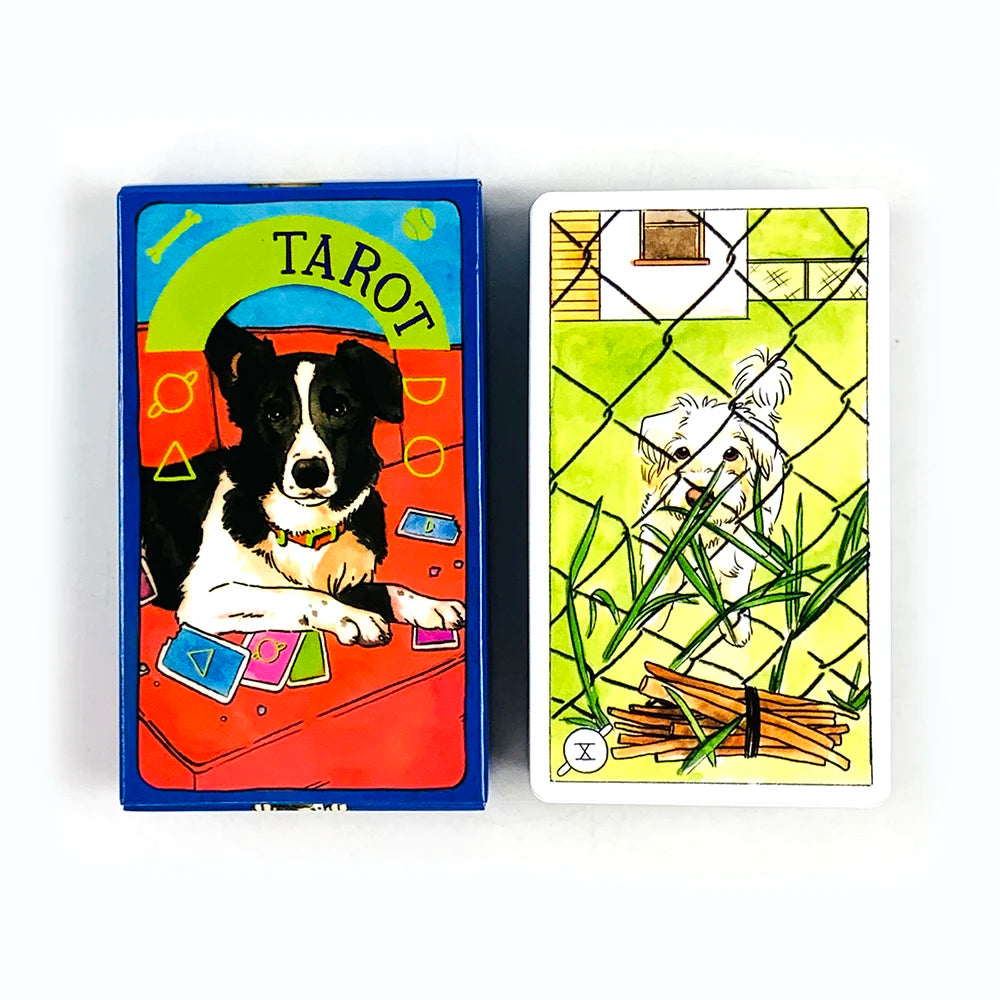 A rectangular tarot card featuring a dog in black and white sitting on a red surface against a blue background.