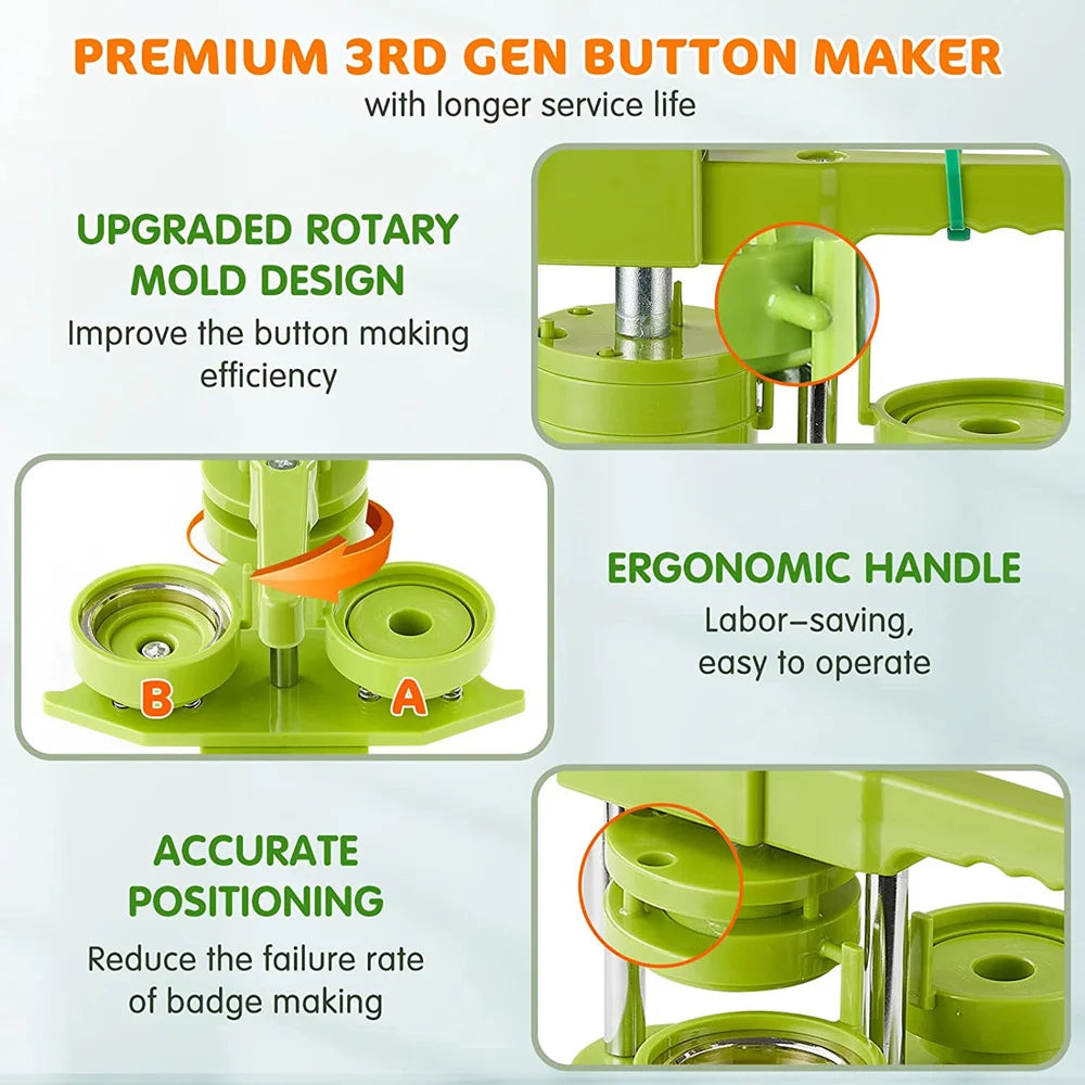 A premium 3rd gen button maker tool with a green mold and ergonomic handle for badge making