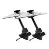 A pair of silver clip-on car vent drum cymbals with black adjustable hooks.