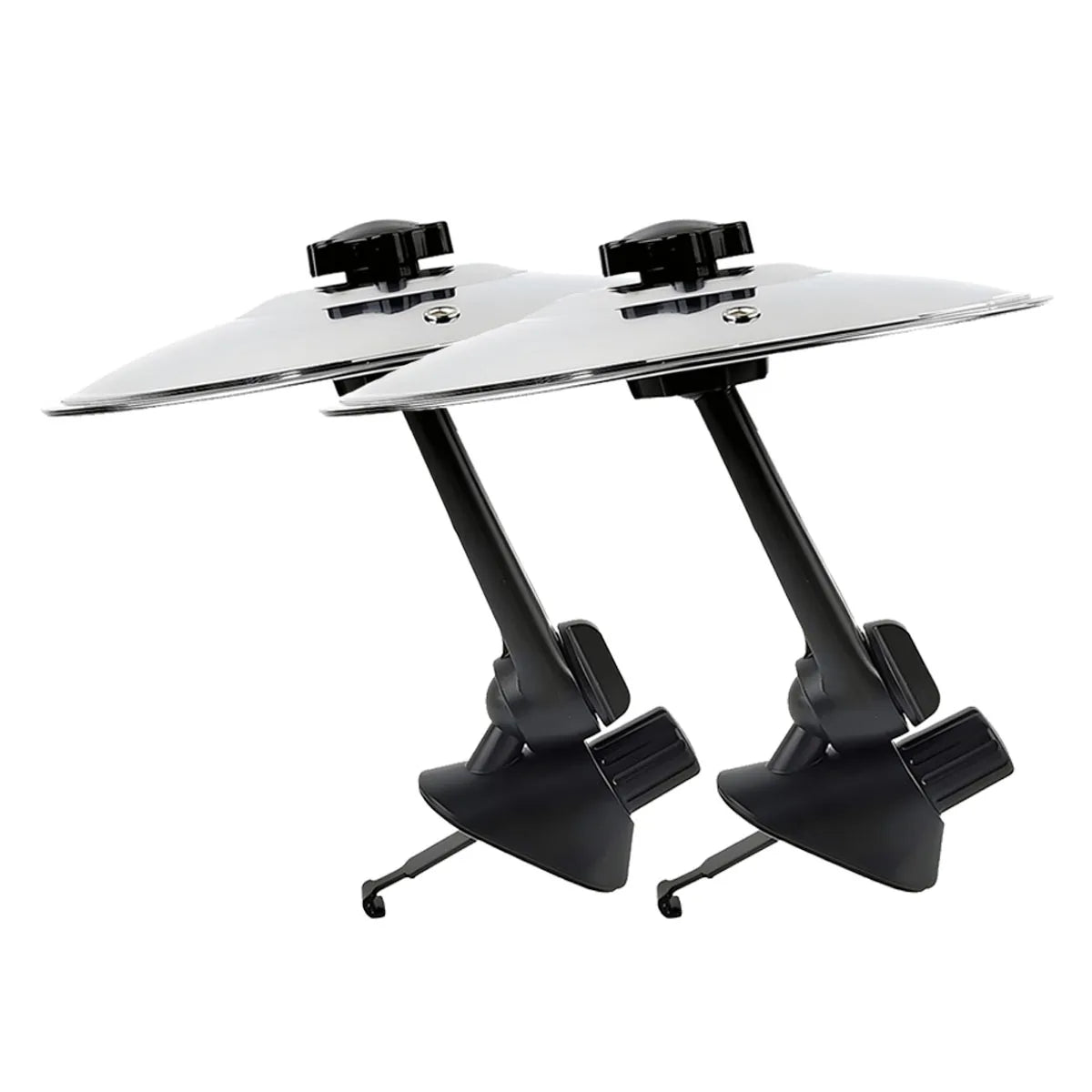 A pair of silver clip-on car vent drum cymbals with black adjustable hooks.