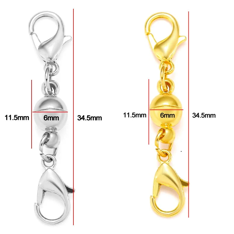 A set of five magnetic lobster claw clasps for jewelry making shown in silver and gold finishes.
