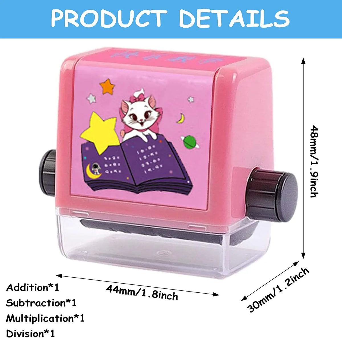 A pink math roller stamp featuring a book with stars and numbers for practicing addition, subtraction, multiplication, and di