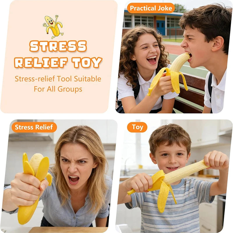 A young girl is squeezing a yellow banana fidget toy for stress relief.