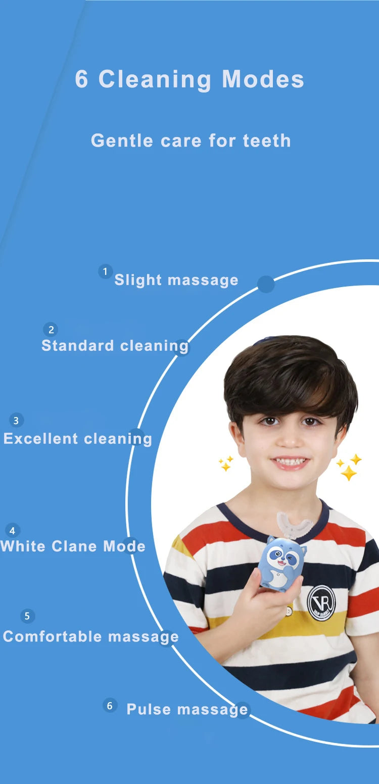 A diagram showing six cleaning modes for a kids U-shaped sonic electric toothbrush, including slight massage, standard cleani