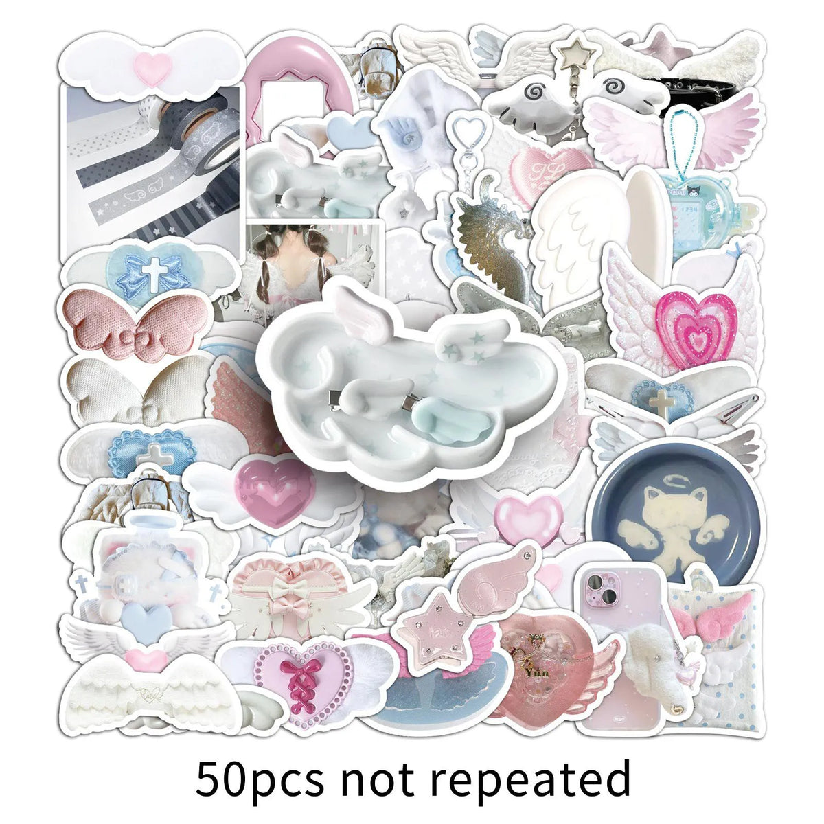 A collection of 50 unique decorative wing stickers in various pastel colors and designs for mobile phones