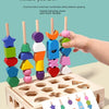 A hand is shown interacting with a set of wooden stacking toys featuring various colors and shapes for baby's hand-eye coordi