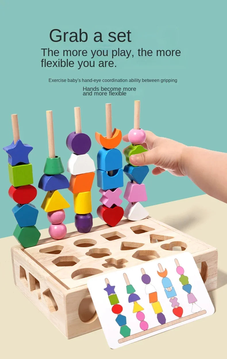 A hand is shown interacting with a set of wooden stacking toys featuring various colors and shapes for baby's hand-eye coordi