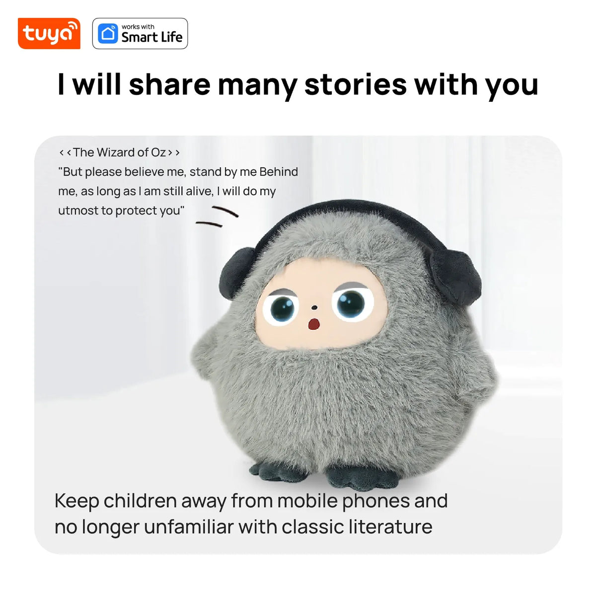 A gray plush robot with large blue eyes sits on a white surface.