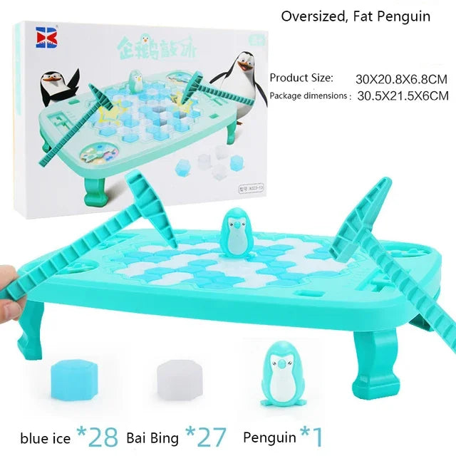 A turquoise penguin breaking ice table game with blue ice and penguin pieces for family fun