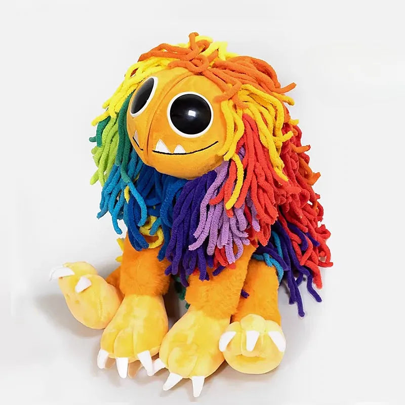 A plush toy of a lion with bright, multicolored yarn mane and facial features.