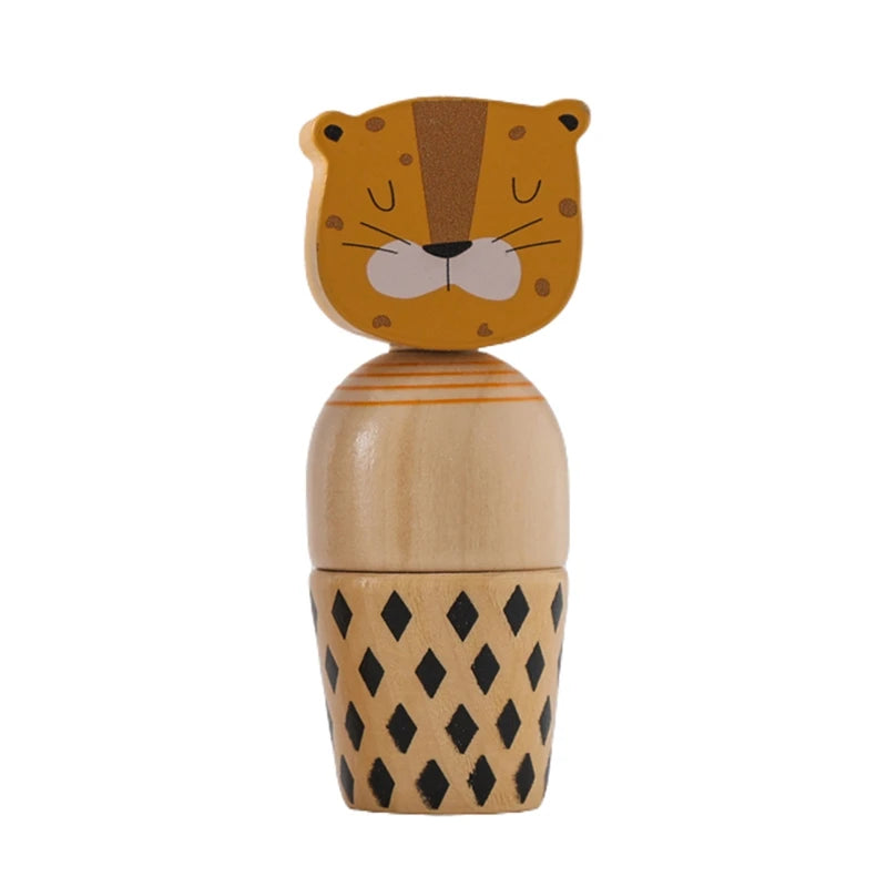A wooden animal puzzle toy shaped like a tiger, featuring natural wood tones and patterned texture.