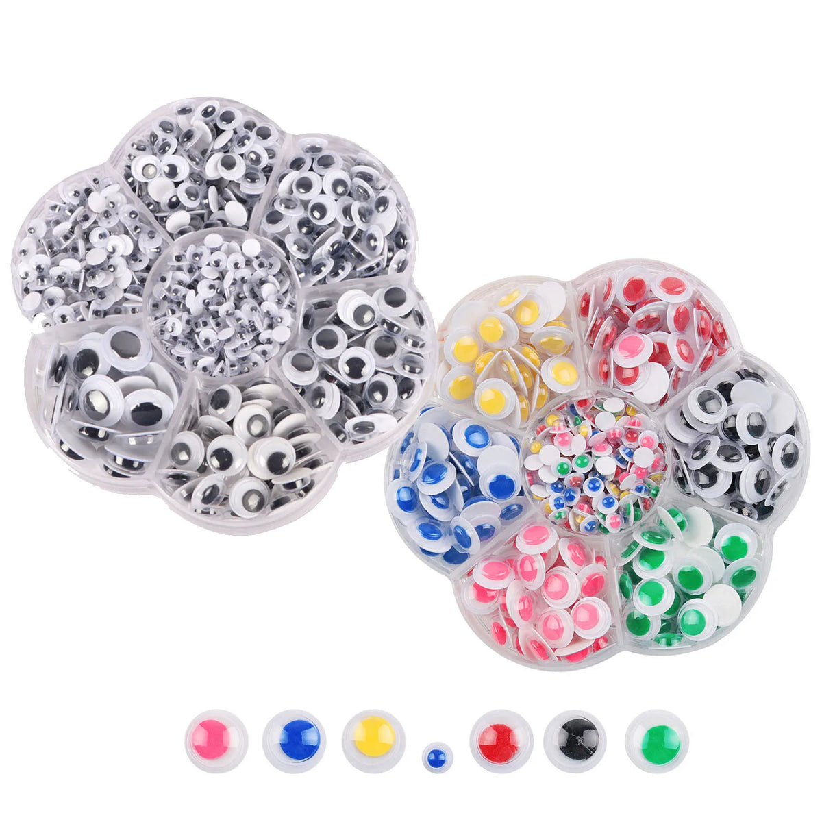 A collection of self-adhesive moving eyes in various sizes and colors arranged in a multi-compartment plastic holder.